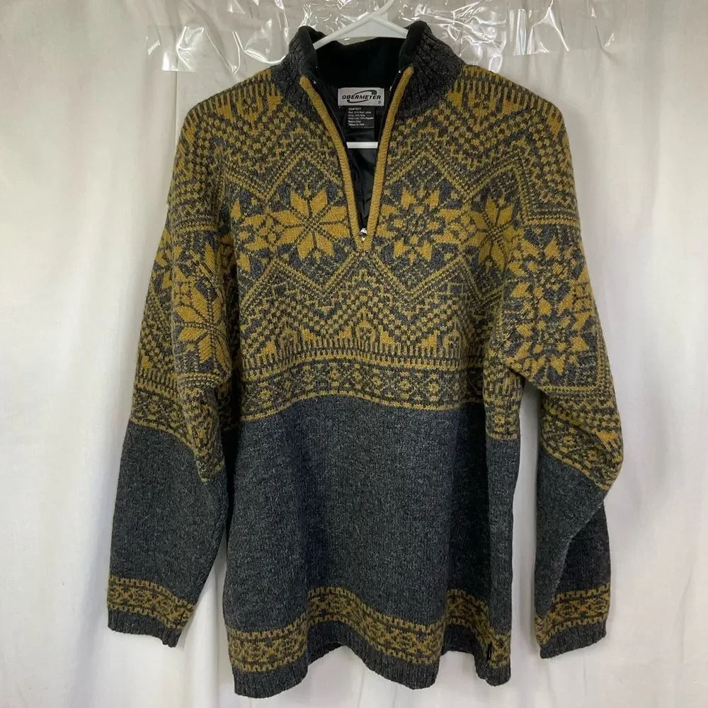 Obermeyer Vintage Men’s Gray Yellow Nordic Fair Isle 1/4 Zip Wool Sweater M